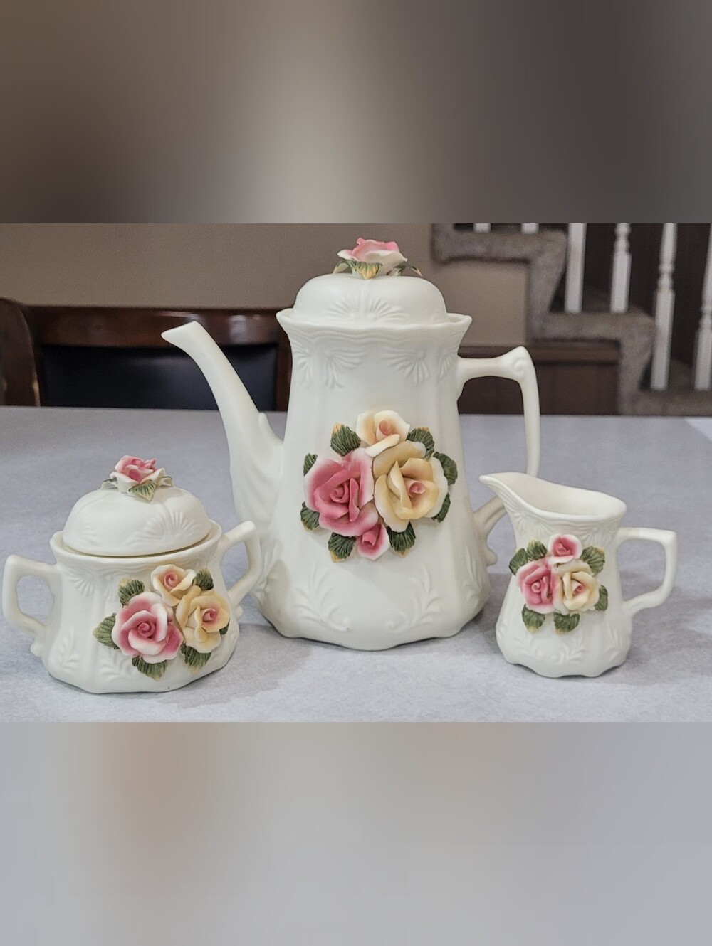 Source Unknown Cream Porcelain Coffee Set with Pink & Yellow Rose Appliques